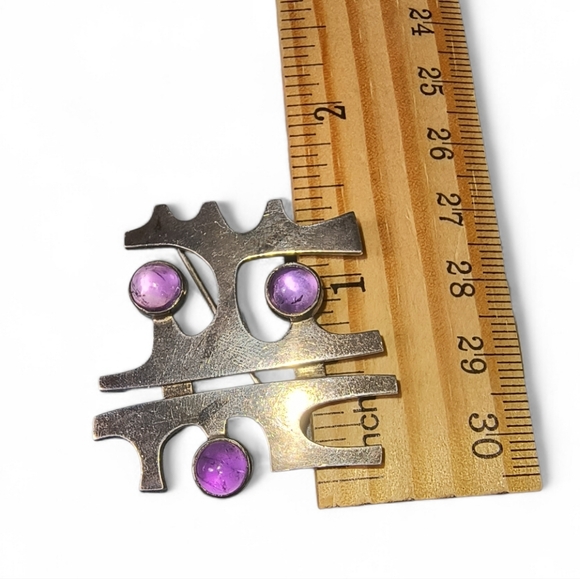 Modernist Sterling Silver Amethyst Brooch | Abstract Geometric Design | Handmade - Picture 4 of 10